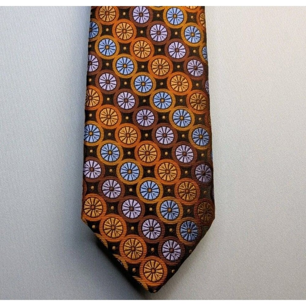 Ted Baker 100% Silk Neck Tie Orange Geometric Circles Mens Made In USA Purple